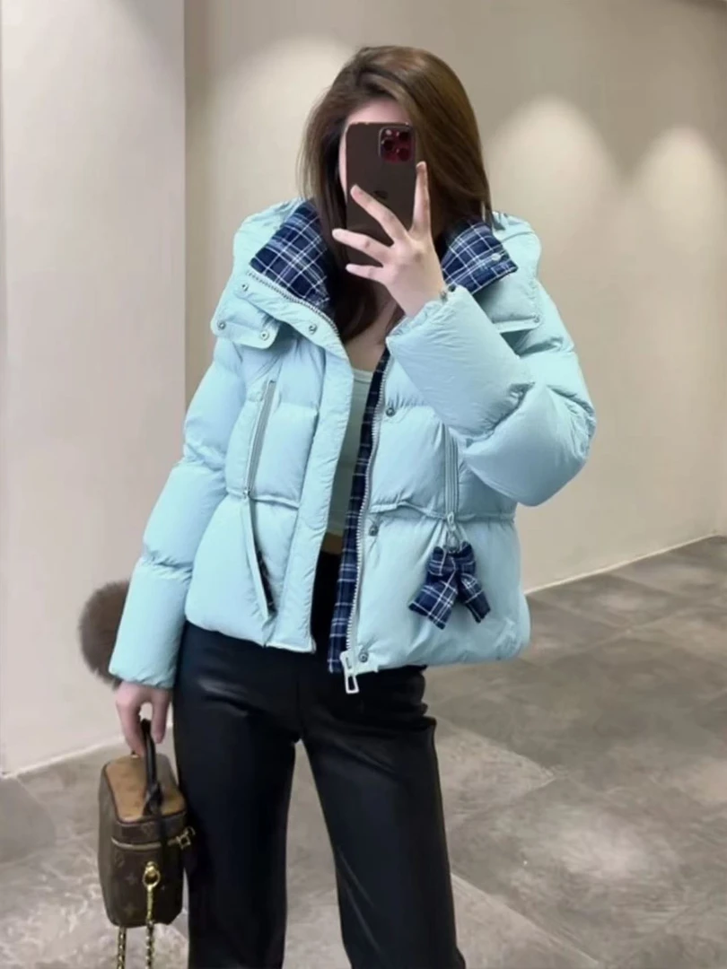 822格纹拼接连帽女2025新款冬季保暖羽绒服
