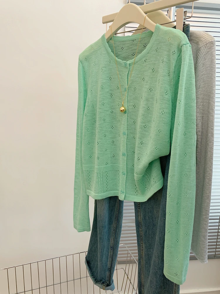 2025新款绿色薄款防晒长袖针织开衫女微透多巴胺上衣外搭空调罩衫