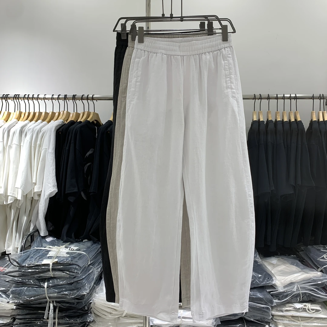 高端定制亚麻100夏男士弯刀长裤超薄坠复古怀旧宽松百搭潮阔腿裤