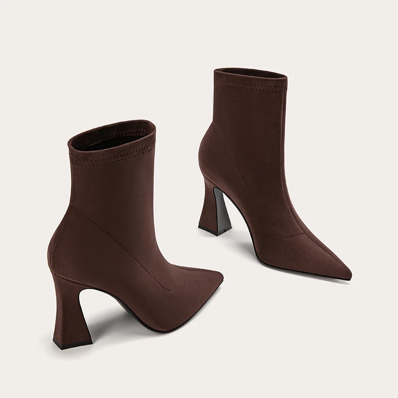 高跟短靴女2025秋冬季新款粗跟尖头小众百搭短筒时尚弹力瘦瘦靴子