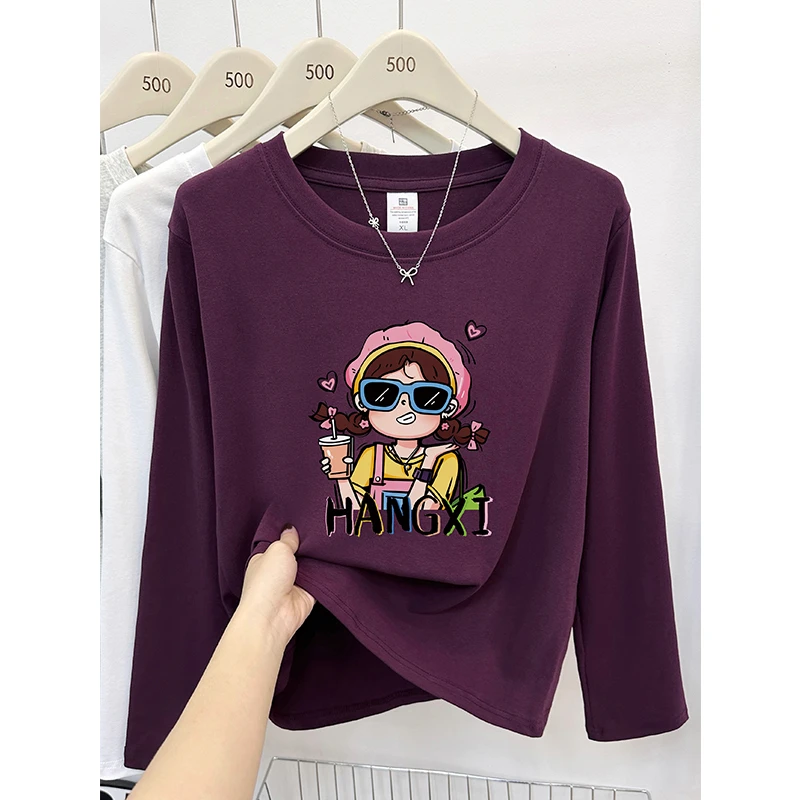 韩系卡通女孩正肩长袖t恤女秋冬新款大码胖mm时尚显瘦圆领上衣服