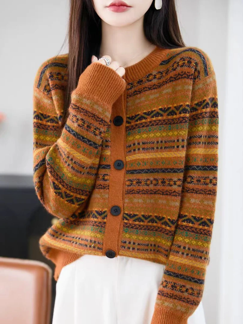 【民族风开衫】2025秋冬新款圆领提花开衫宽松显瘦软糯外搭针织外套