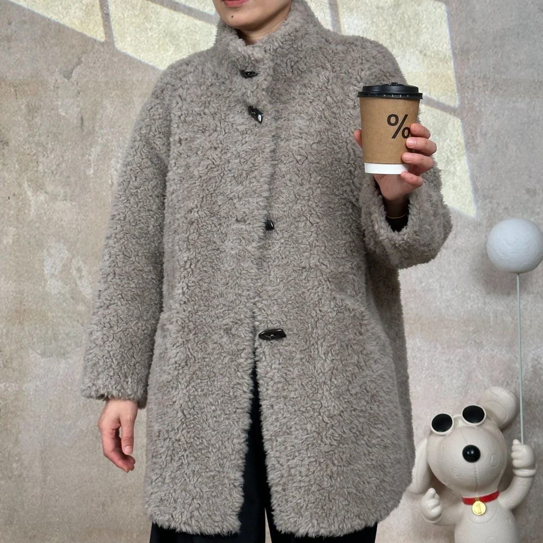 100%绵羊毛立领中长款韩版牛角扣外套冬季大衣时尚百搭上衣