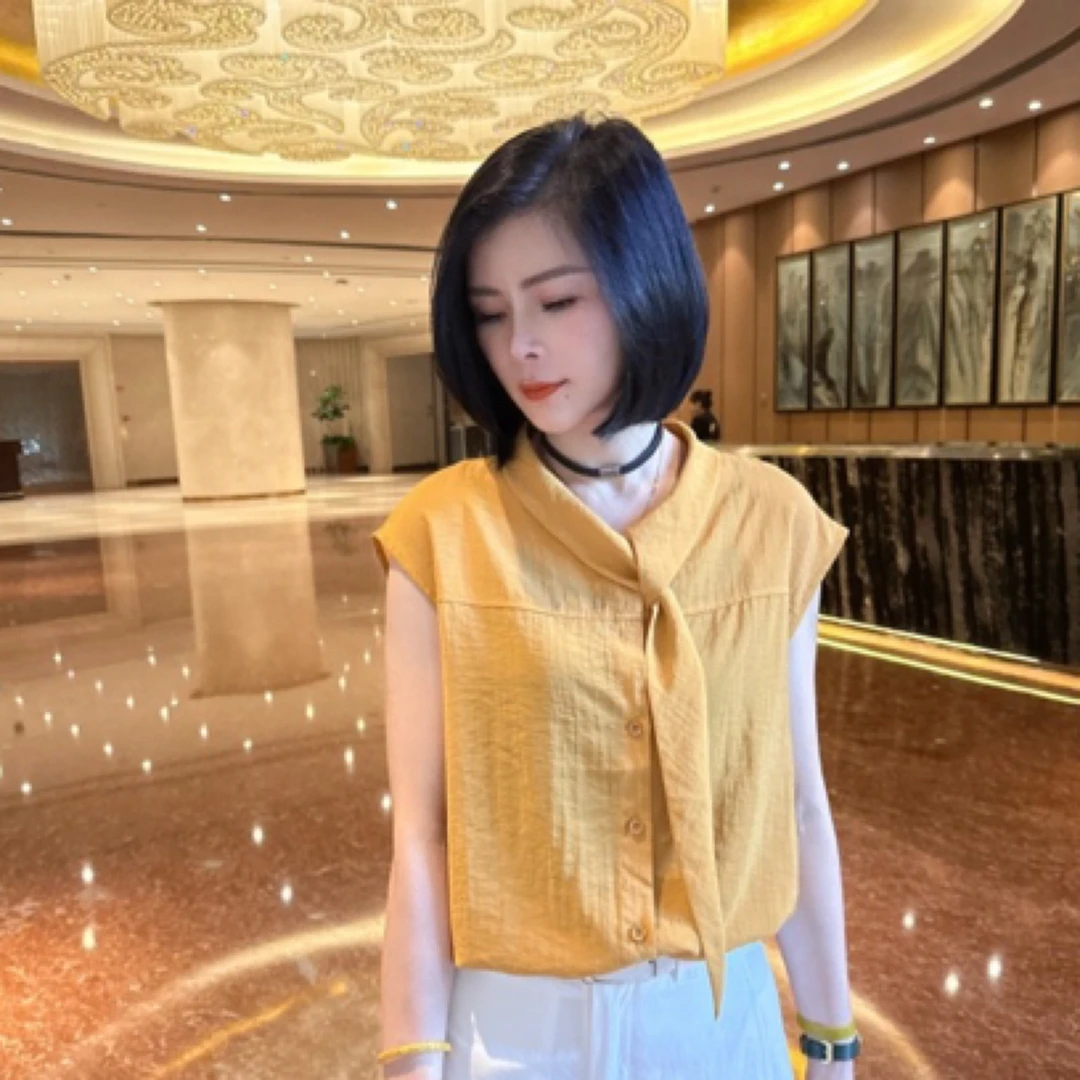 【娟子】夏季V领领带一体纯色抽绳显瘦衬衫