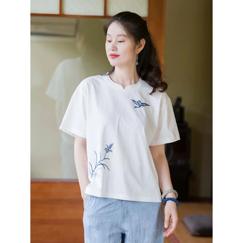 蘭襟【秋鸿十八】精梳纯棉重工手绣T恤女夏白色百搭夏季复古中国风