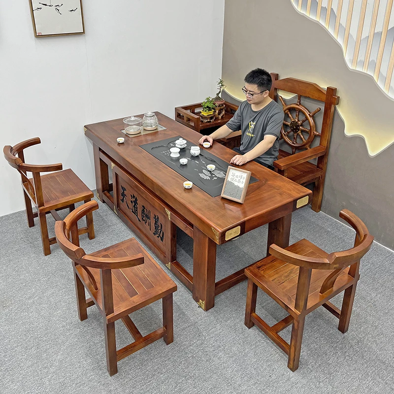 老船木全实木办公室办公茶台中式家用客厅茶桌套装简约阳台泡茶几