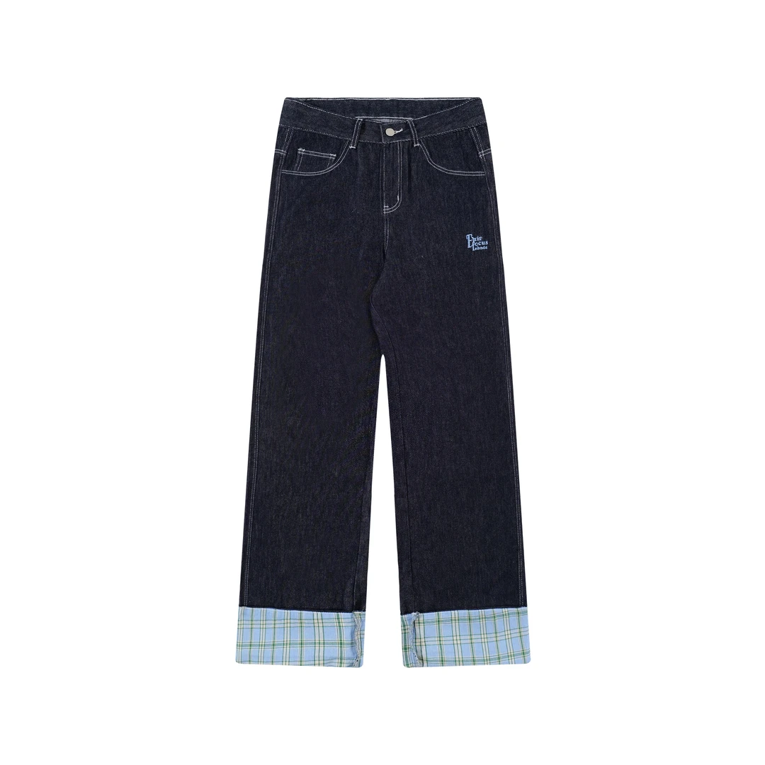 【慌慌】美式复古格子拼接卷边牛仔裤男女同款直筒复古长裤NZ43