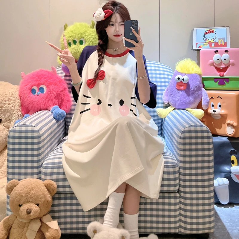 夏季纯棉卡通短袖蝴蝶结睡裙女2025年新款可爱休闲少女睡衣家居服