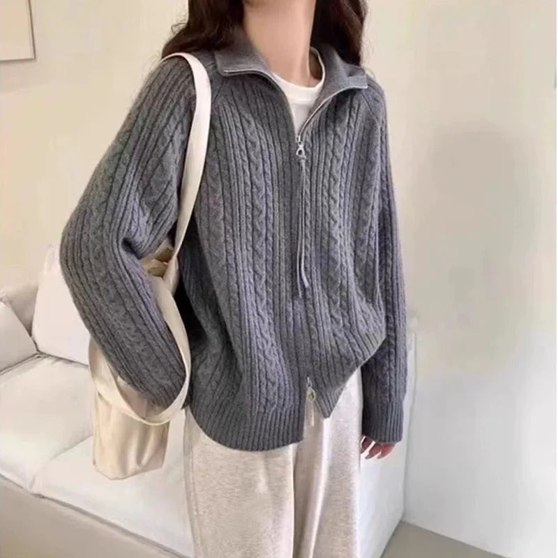 380#【拉链巴结开衫--高级灰】新款针织开衫上衣开衫毛衣女洋气百搭