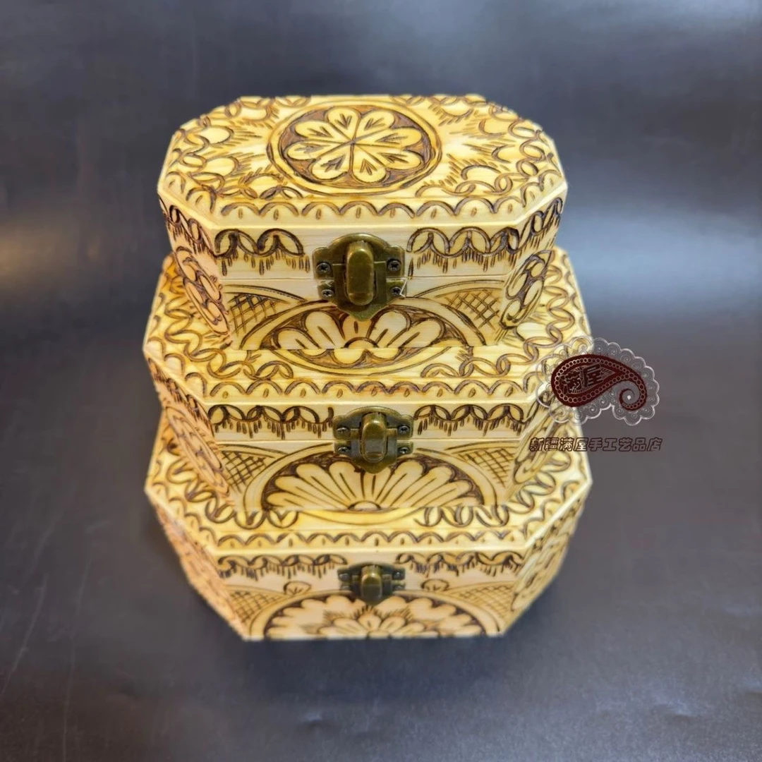 首饰盒/箱 手工做的柳木手工做的烫画首饰盒3件一套首饰盒包邮