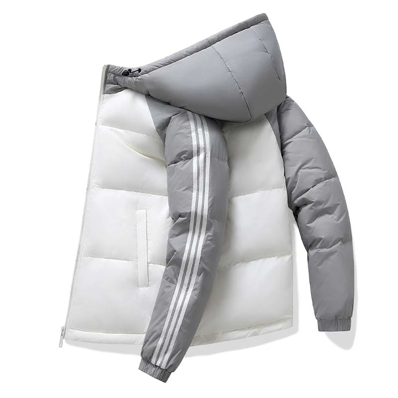 川蒙口川男士撞色三条杠羽绒服2025冬季新款保暖连帽百搭休闲外套
