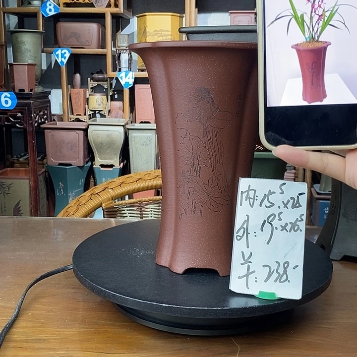 紫砂花盆底槽清海棠盆精刻玉环赏荷图