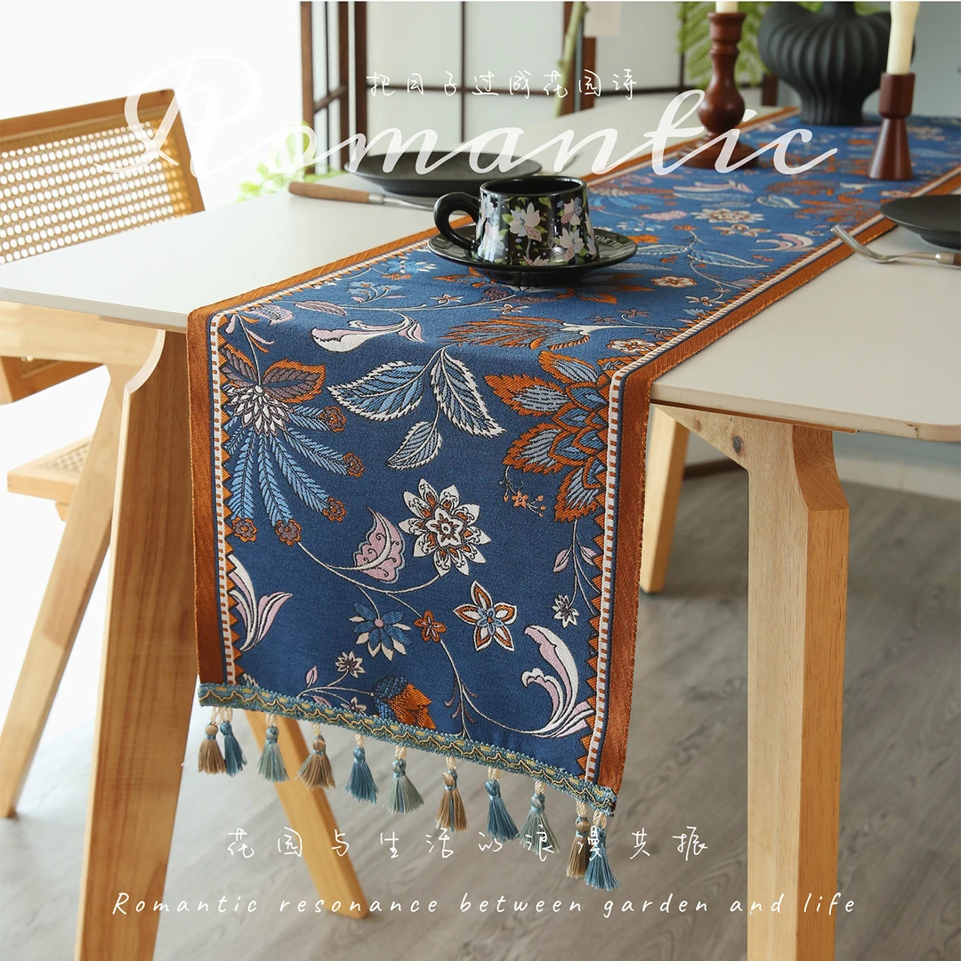 中古风植物提花桌旗高级感餐桌垫布电视柜防尘盖布斗柜装饰长条巾