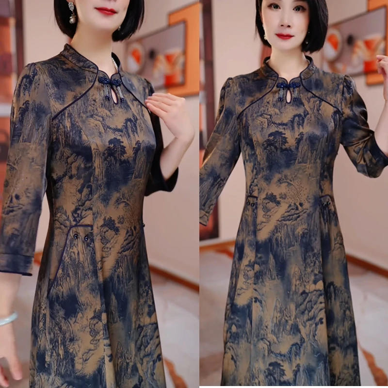 【现货】洋气早秋气质连衣裙新款修身显瘦遮肉气质妈妈装H5B155复古