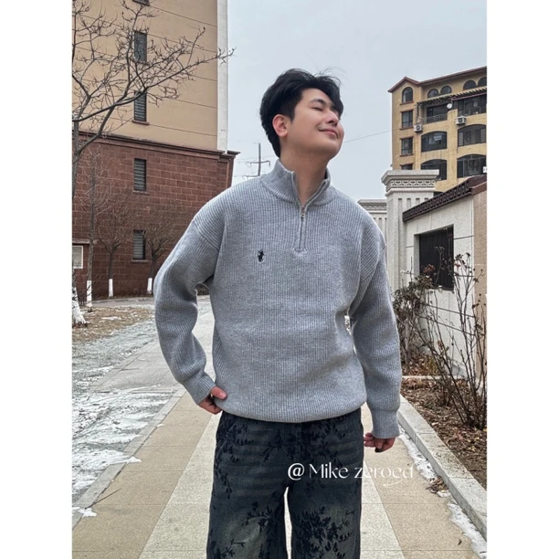 秋冬新款老钱风半拉链高领刺绣针织衫男士休闲长袖套头款毛衣84