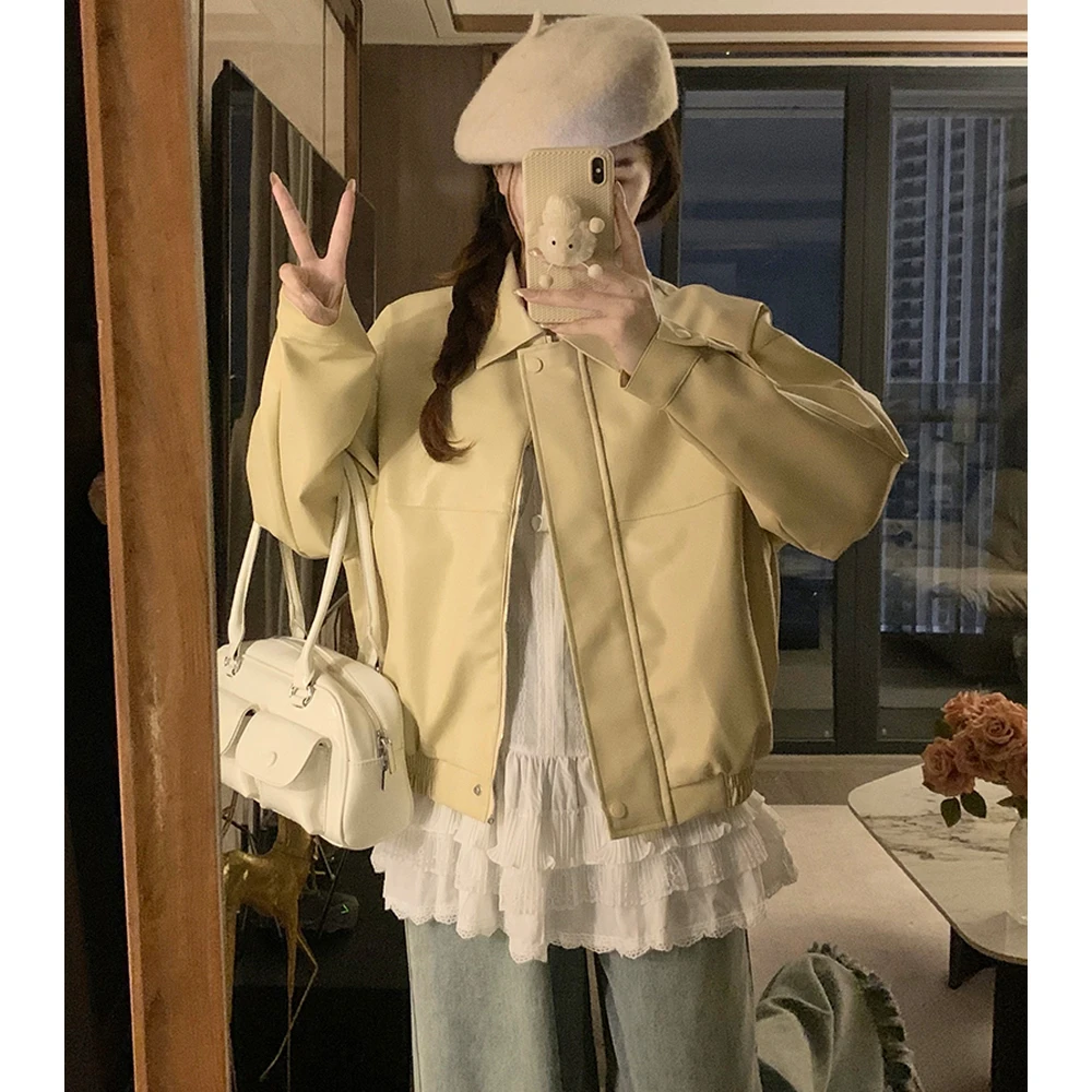 2025新款酷飒风复古小个子皮衣外套女秋季宽松型拉链皮夹克上衣