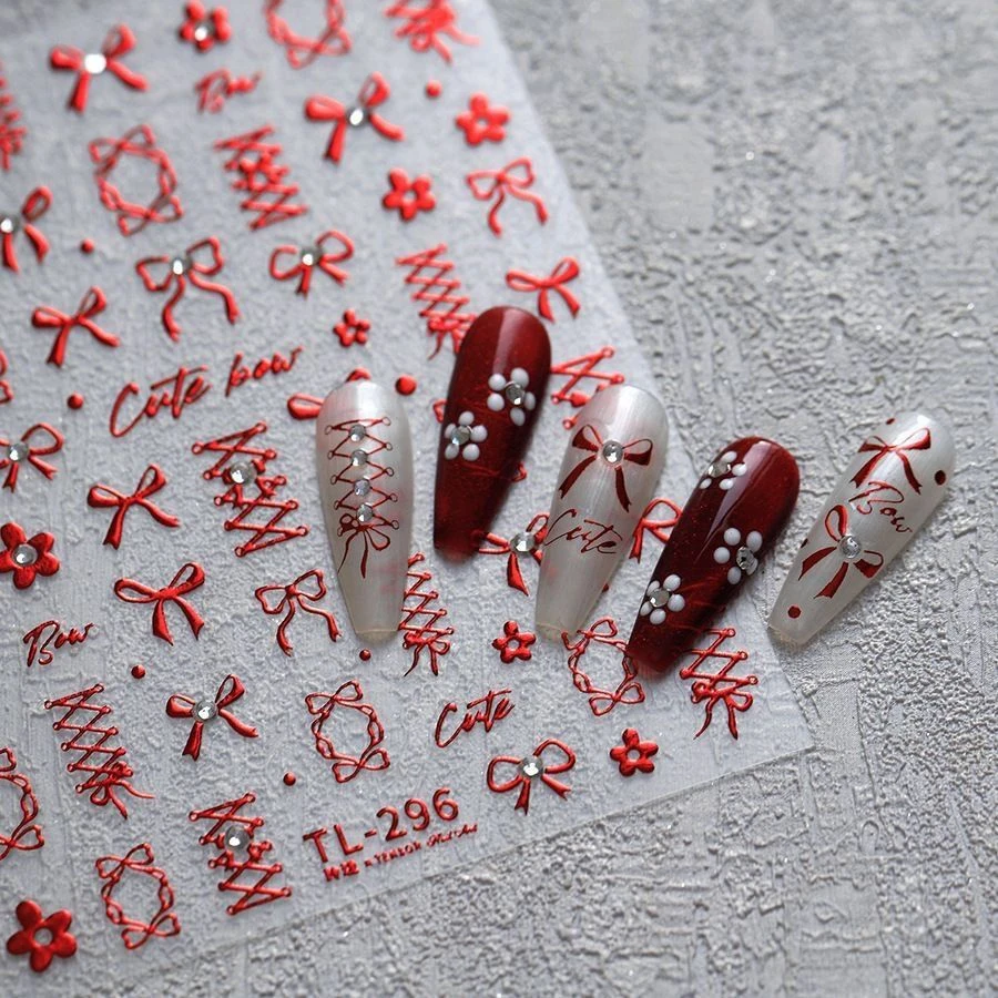 Sky新款红蝴蝶结美甲贴纸批发定制带钻白色结婚春节喜庆指甲贴