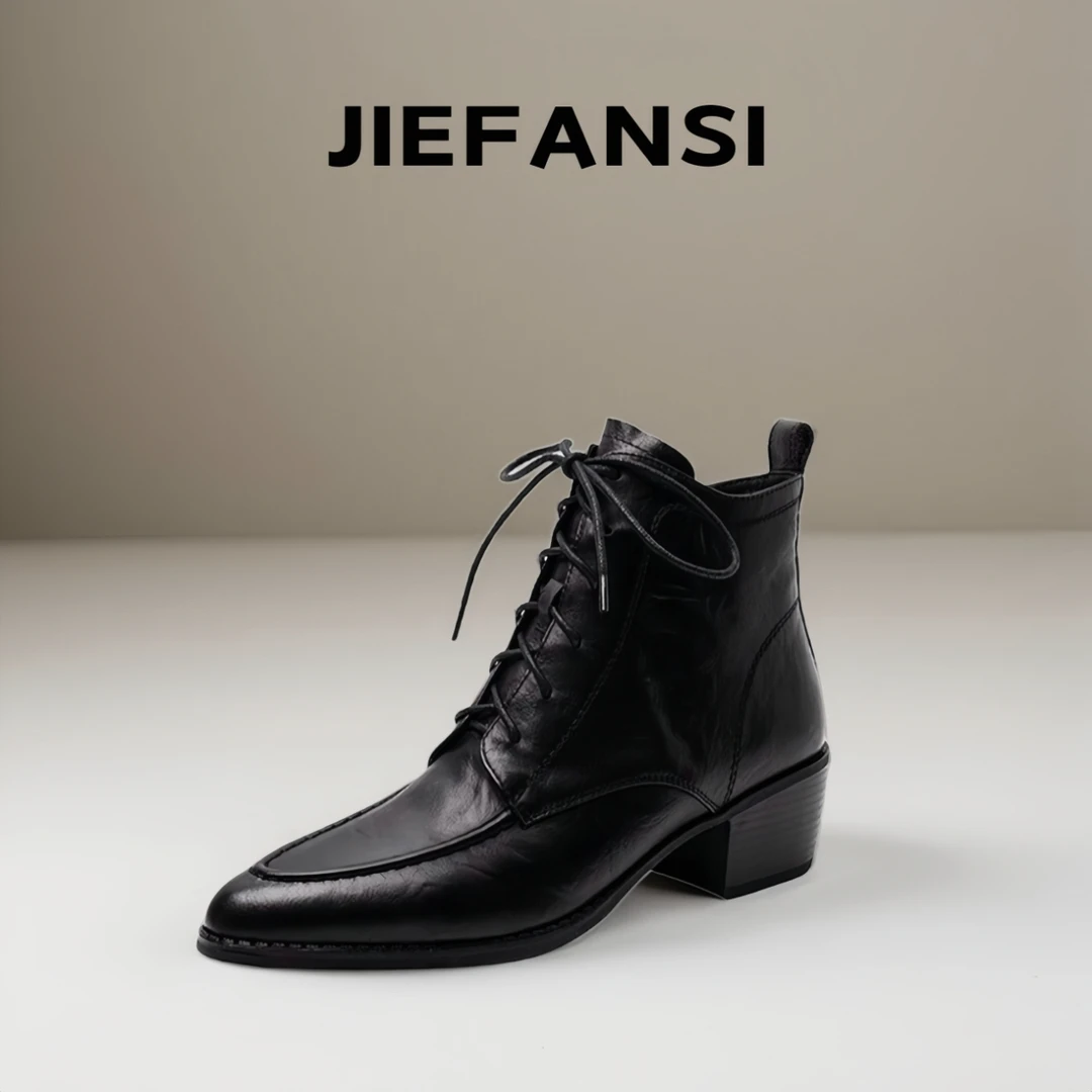 复古风真皮尖头系带马丁靴女2025秋冬新款舒适简约及踝靴粗跟短靴