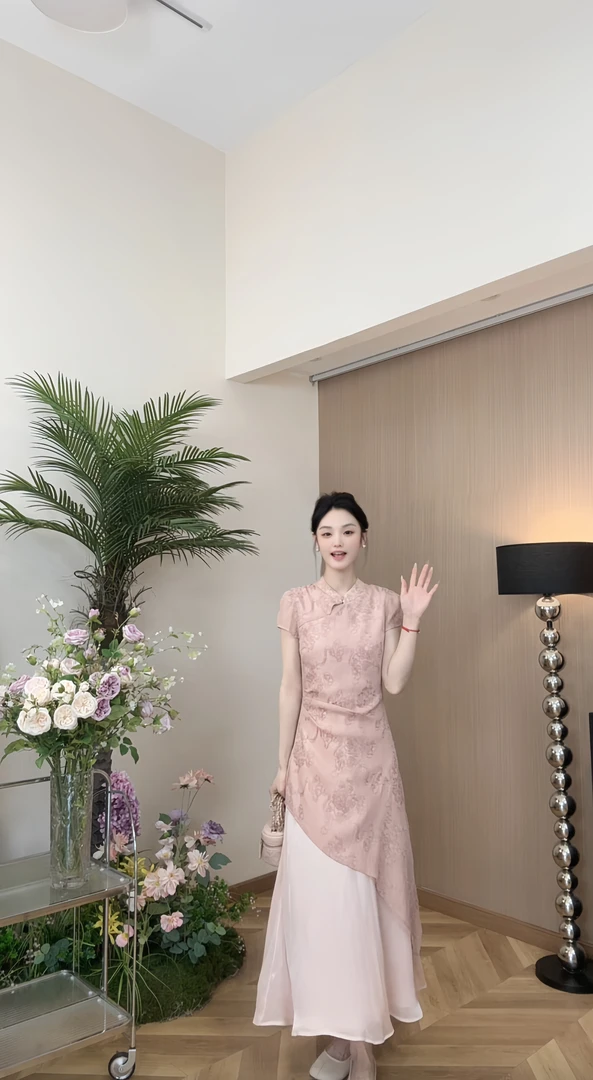 AN.XIN【云纱絮语】新中式复古国风气质粉色旗袍拼接连衣裙6678