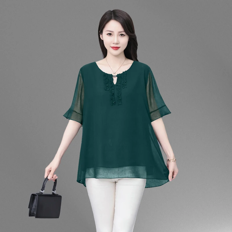 大码宽松雪纺衫女夏季2025新款高端气质妈妈洋气短款小衫遮肉上衣