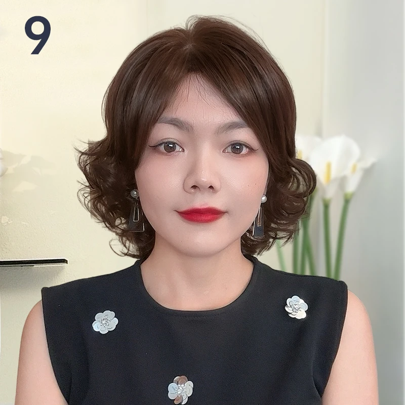 【9号】梨花烫短卷发优雅女士真人发全手工钩织递针工艺假发头套