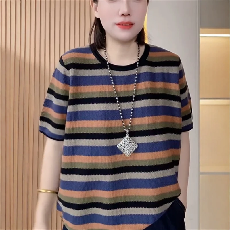 夏季时尚复古撞色条纹T恤大码女装圆领气质减龄休闲百搭短袖上衣