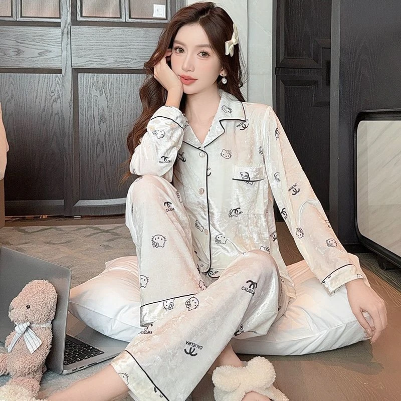 可爱kt猫钻石绒睡衣女士2025新款秋冬季金丝绒甜美套装舒适家居服