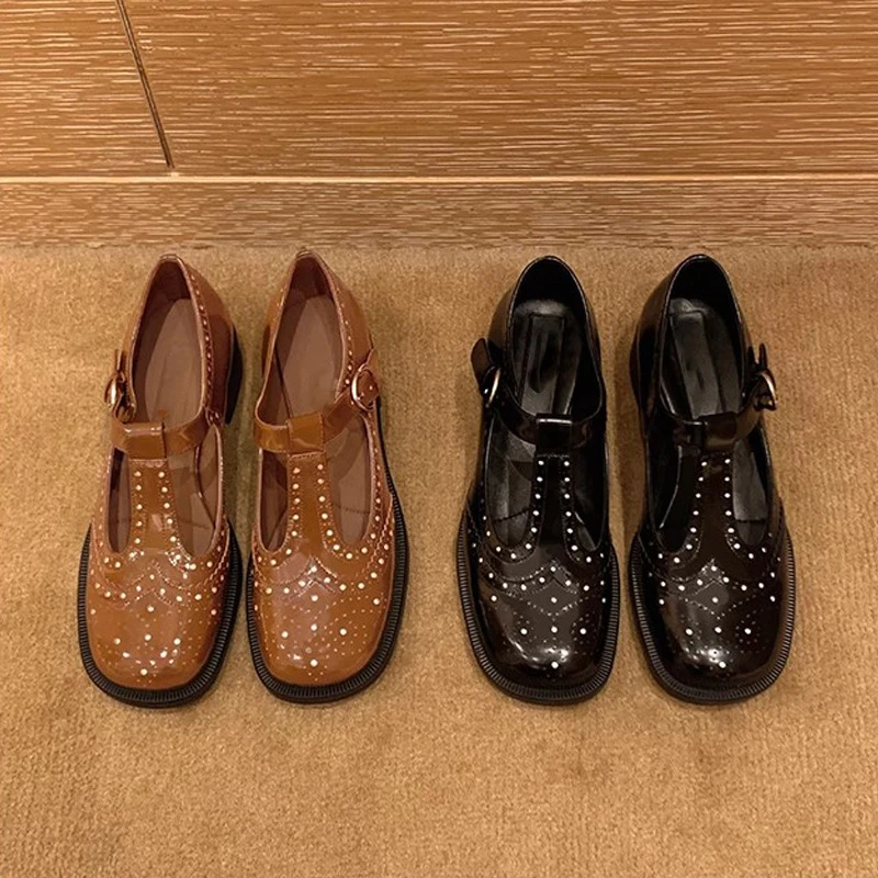 圆头法式20秋冬潮流新款玛丽珍鞋复古英伦风T字带布洛克精巧玛