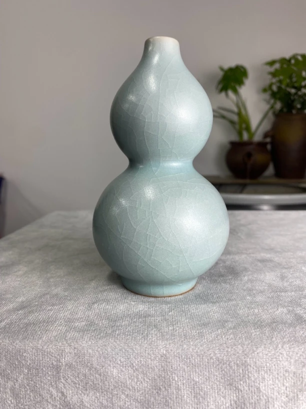 汝瓷葫芦小花瓶仿古天青釉12cm花瓶摆件开片手工汝窑汝瓷