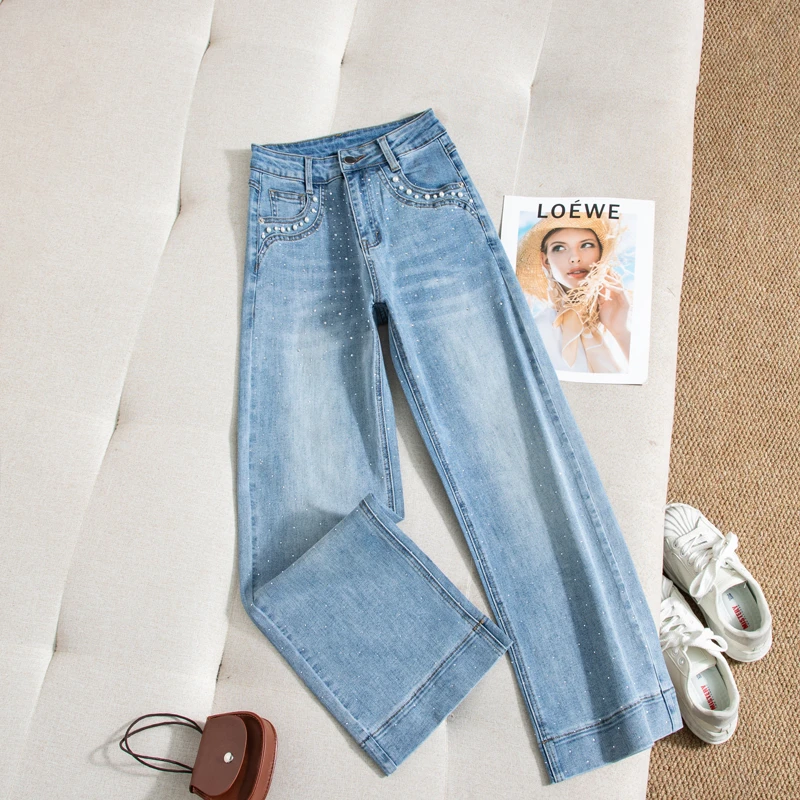 高腰烫钻显瘦牛仔裤女2025春季弹力百搭修身宽松直筒裤长裤潮7856