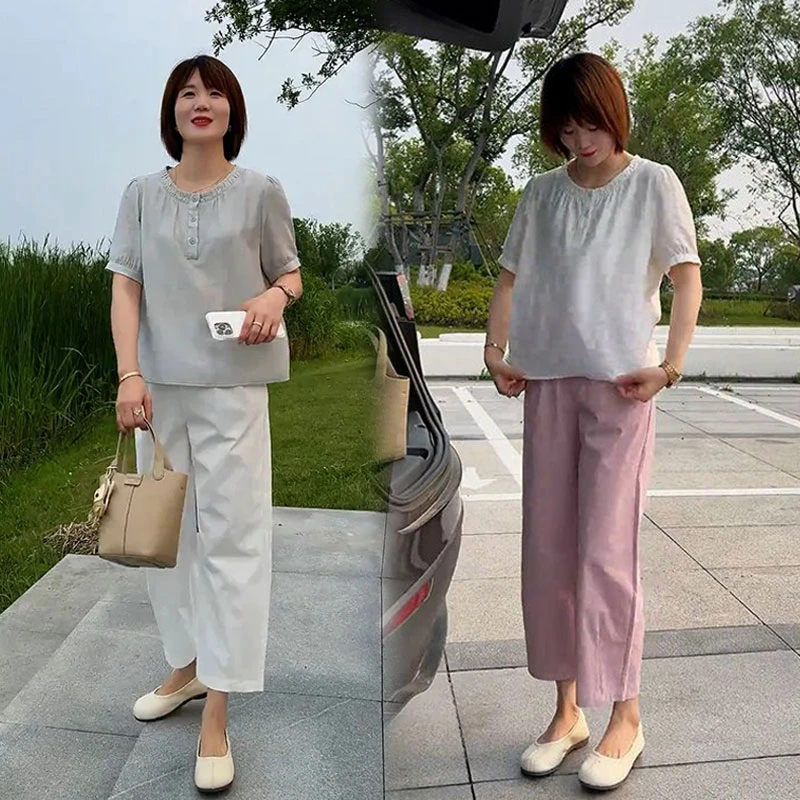 韩版时尚洋气减龄短袖上衣女夏季新款小个子高腰九分直筒休闲裤子