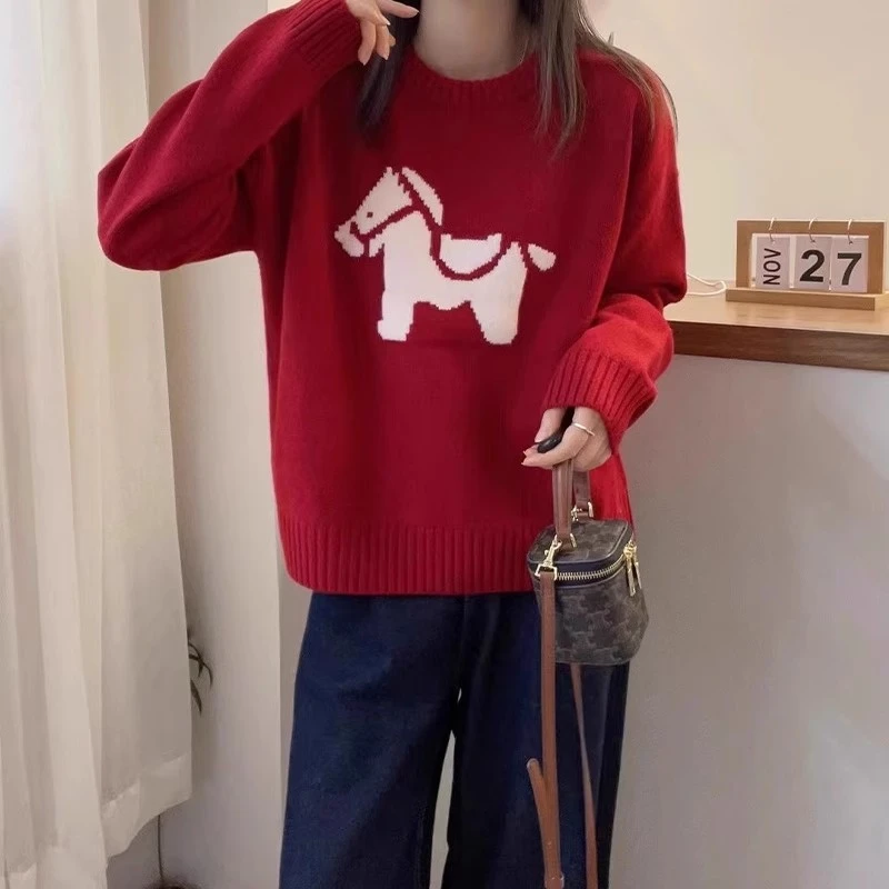 超大码300斤可爱印花小马图案针织衫男女秋冬季新年红色圣诞毛衣