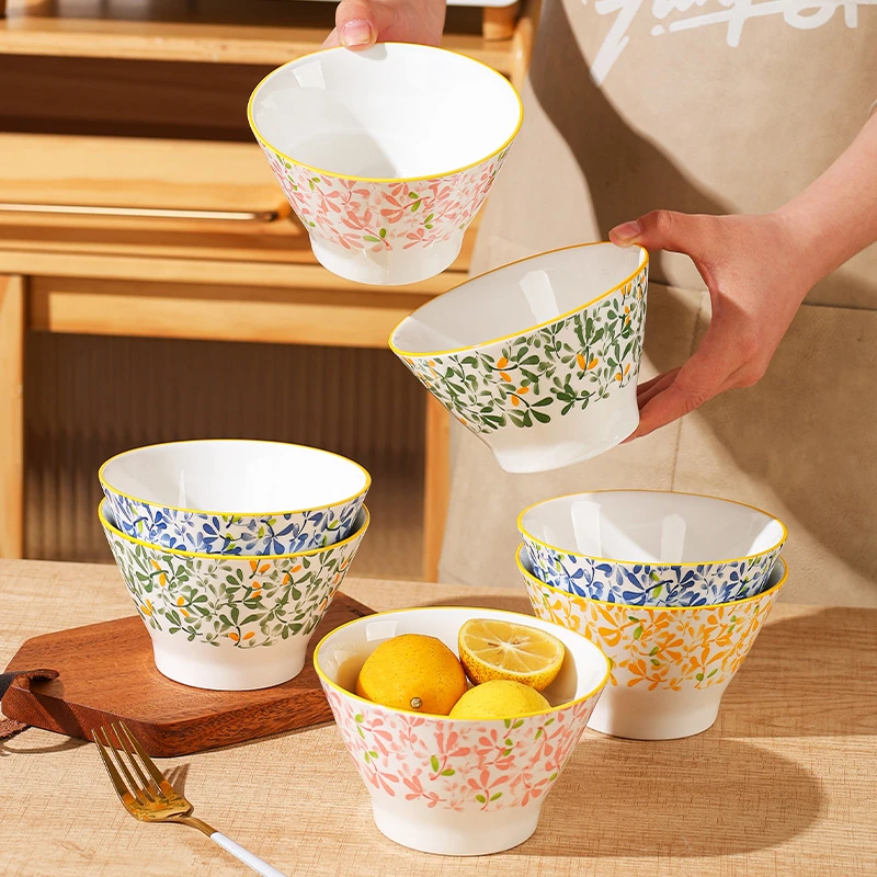 陶瓷碗家用陶瓷5英寸斗笠碗釉下彩吃饭碗网红四季繁花米饭碗新款