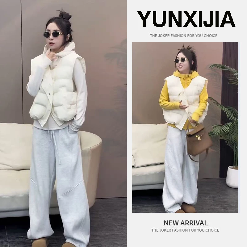 时尚穿搭一整套女新款2025秋冬百搭卫衣棉服马甲显瘦阔腿裤三件套