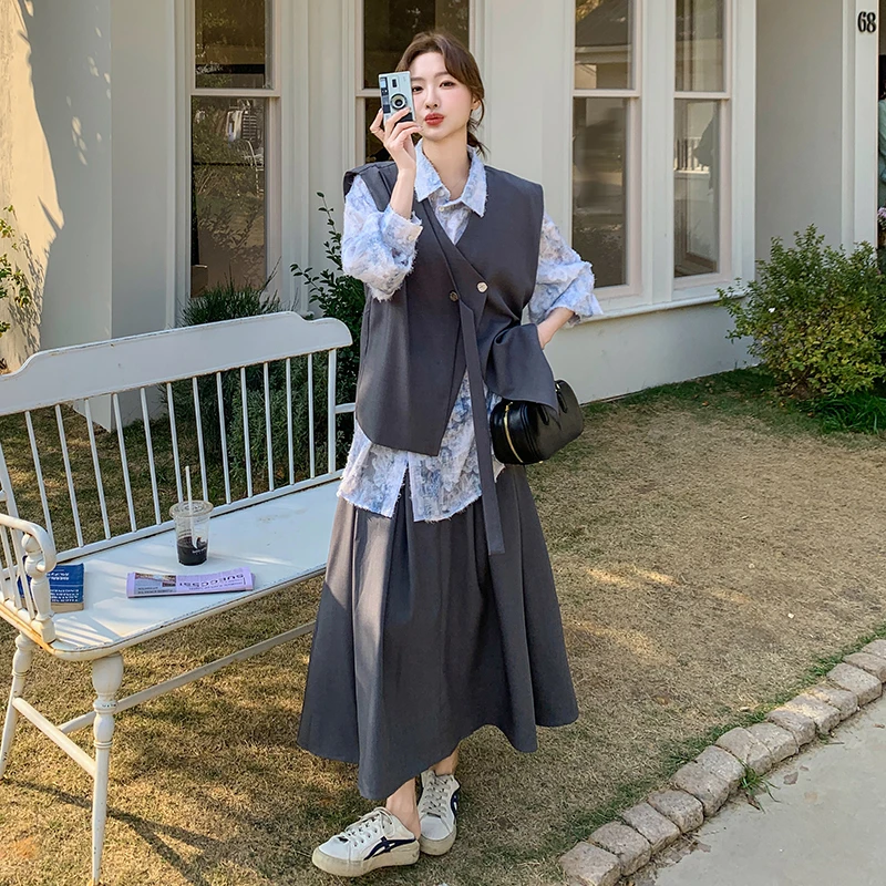 小众设计感套装女春季2025新款无袖马甲长袖衬衫韩版半身裙三件套