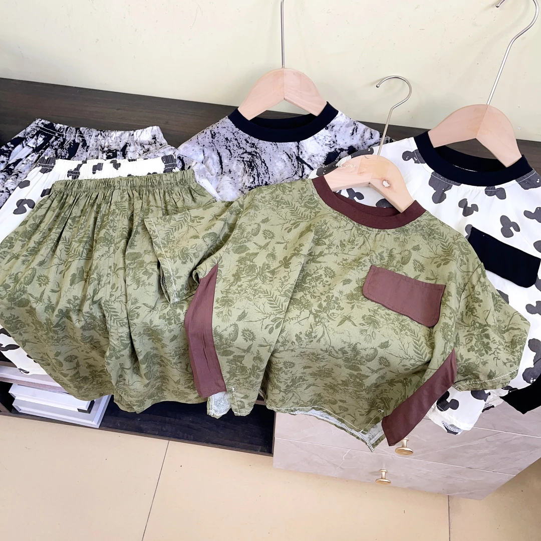 儿童夏季人造棉套装休闲洋气男女童绵绸两件套百搭圆领韩版童装