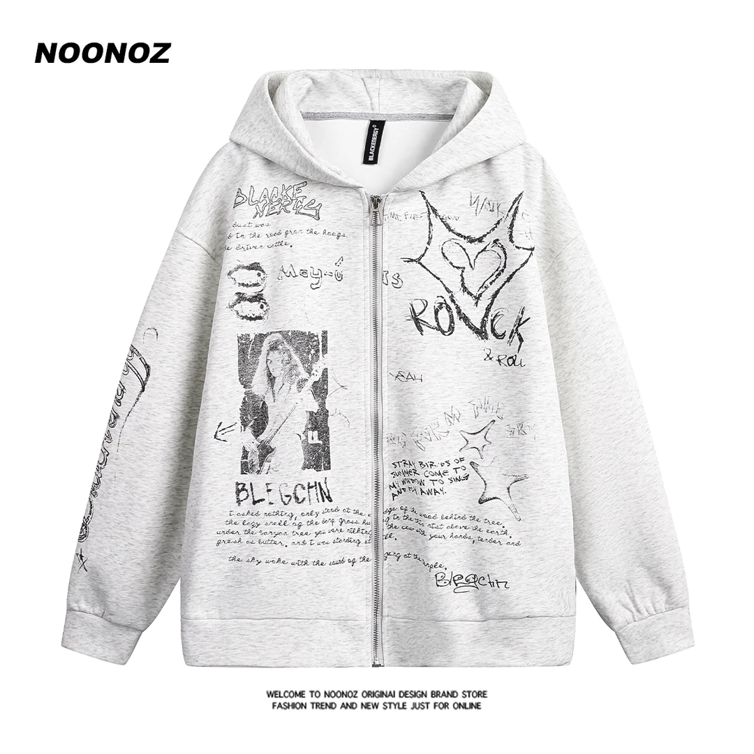 NOONOZ美式高街涂鸦开衫连帽卫衣男2025春季新款潮牌情侣拉链外套