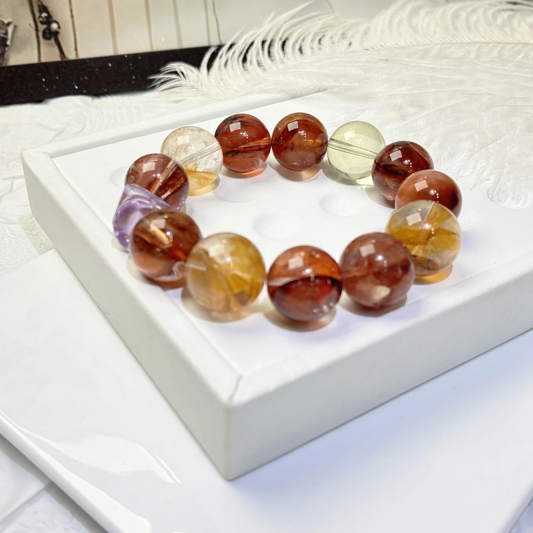 【君选高定】天然红胶花水晶正红牛雪红黄胶花紫水晶手链F453