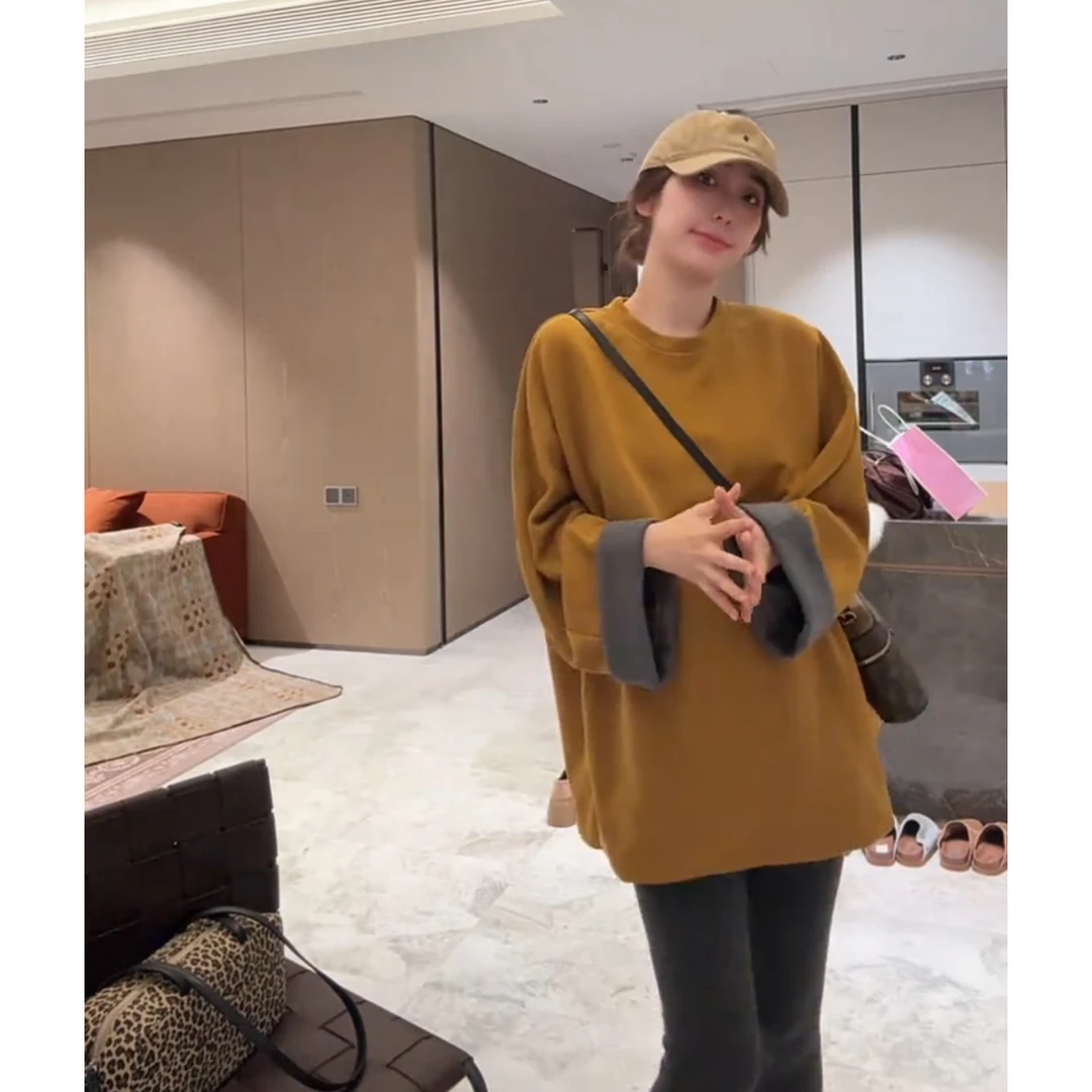 徐靖靖【净版卫衣】撞色袖口上衣秋冬季宽松显瘦时尚T恤大版2509180