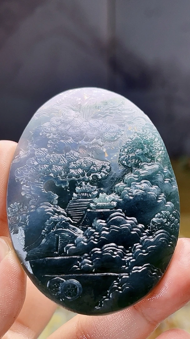 天然缅甸翡翠冰胶蓝水山水牌毛货买断需抛光尺寸65-48-8.2