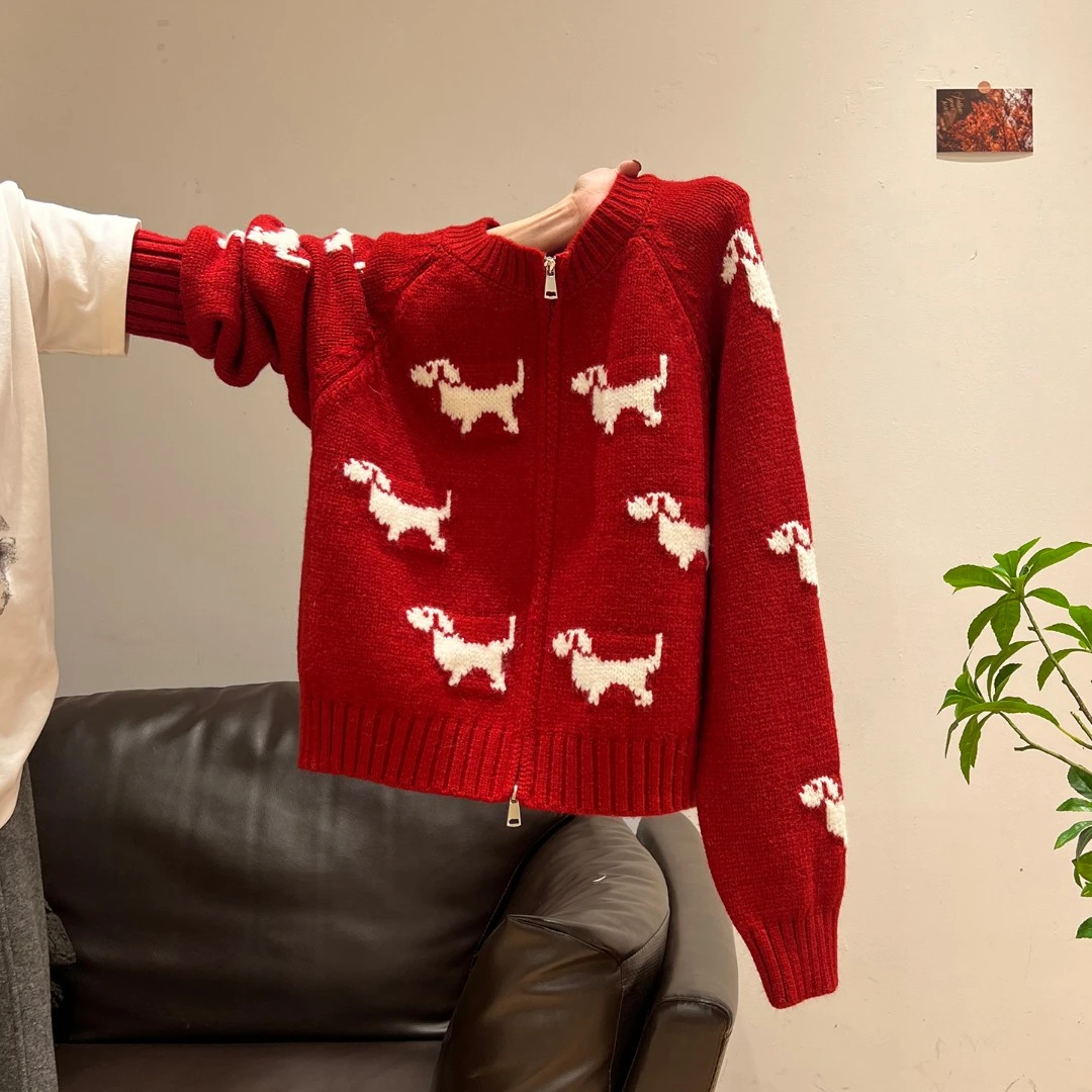 红色圣诞穿搭氛围感拉链毛衣外套女2025秋冬宽松长袖加厚针织开衫