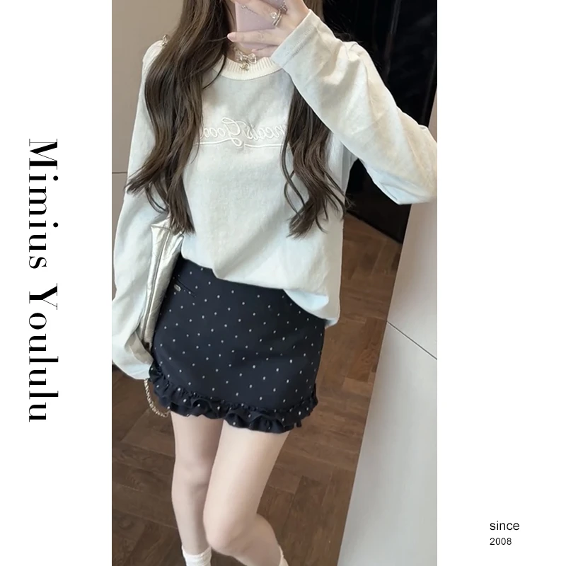 【mimius】喵喵 百搭字母刺绣减龄上衣+木耳边短裙裤 G03297