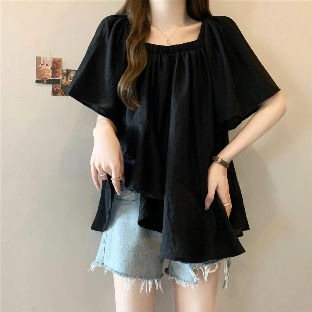 法式不规则超仙短袖雪纺夏胖mm300斤大码设计感遮肚子娃娃衫上衣