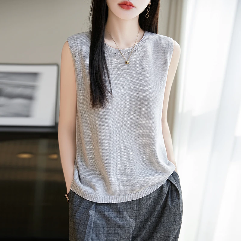 【轻盈呼吸感】天丝亚麻针织背心女圆领短款上衣简约透气百搭吊带