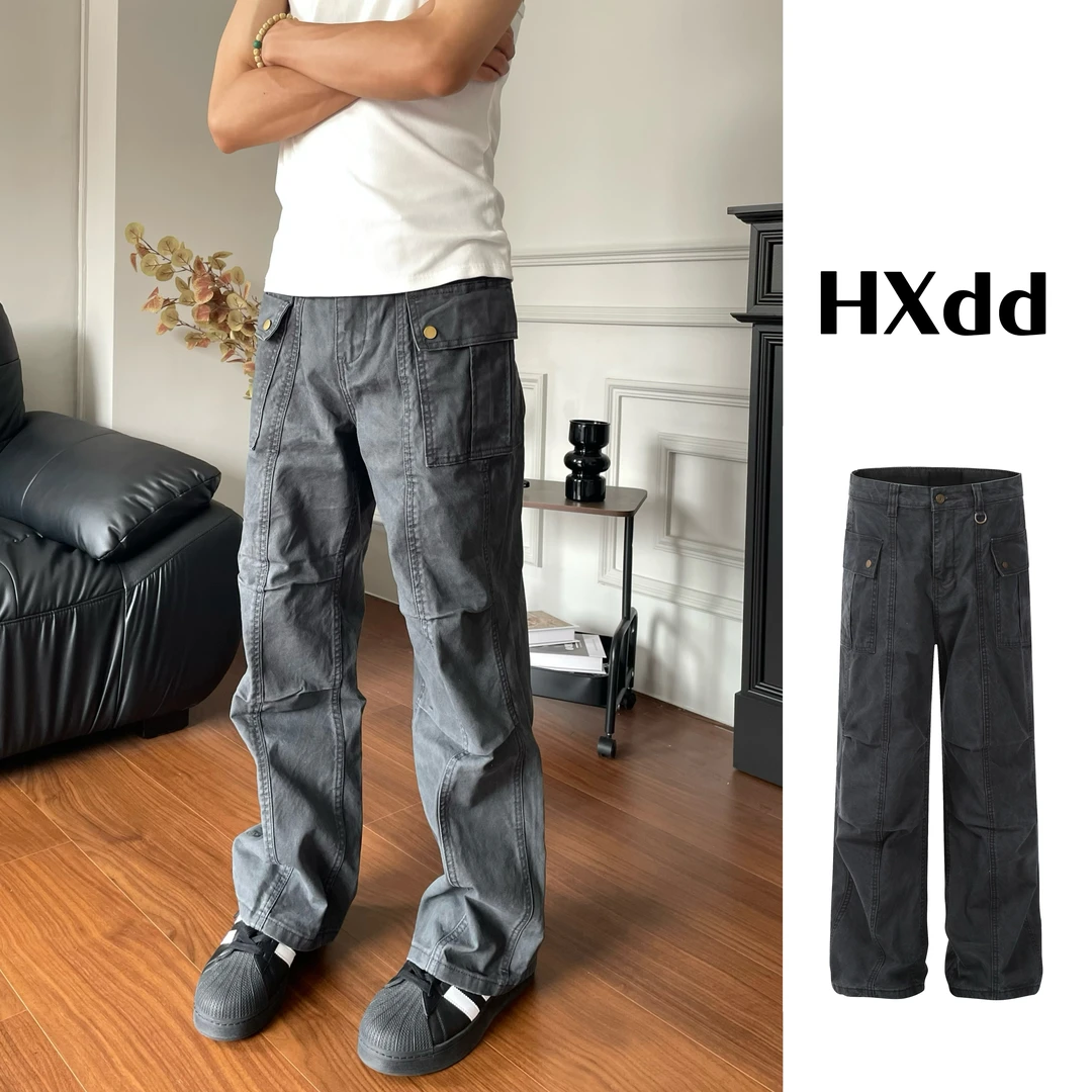 黑熊美式复古工装裤伞兵vibe做旧多口袋褶皱牛仔休闲直筒长裤9028