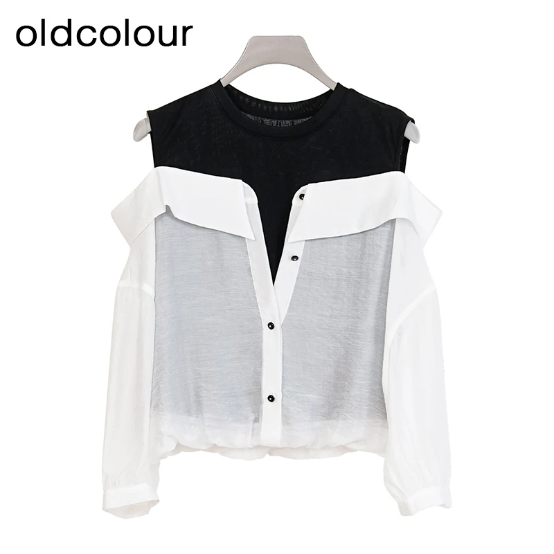 oldcolour商场同款夏季圆领黑白撞色中袖衬衫女GP21012798