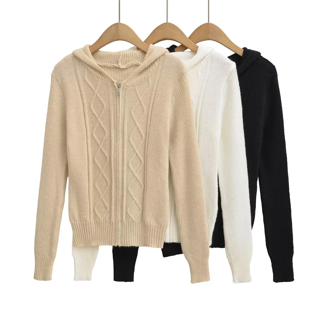 Y6015麻花纹理拉链开衫连帽