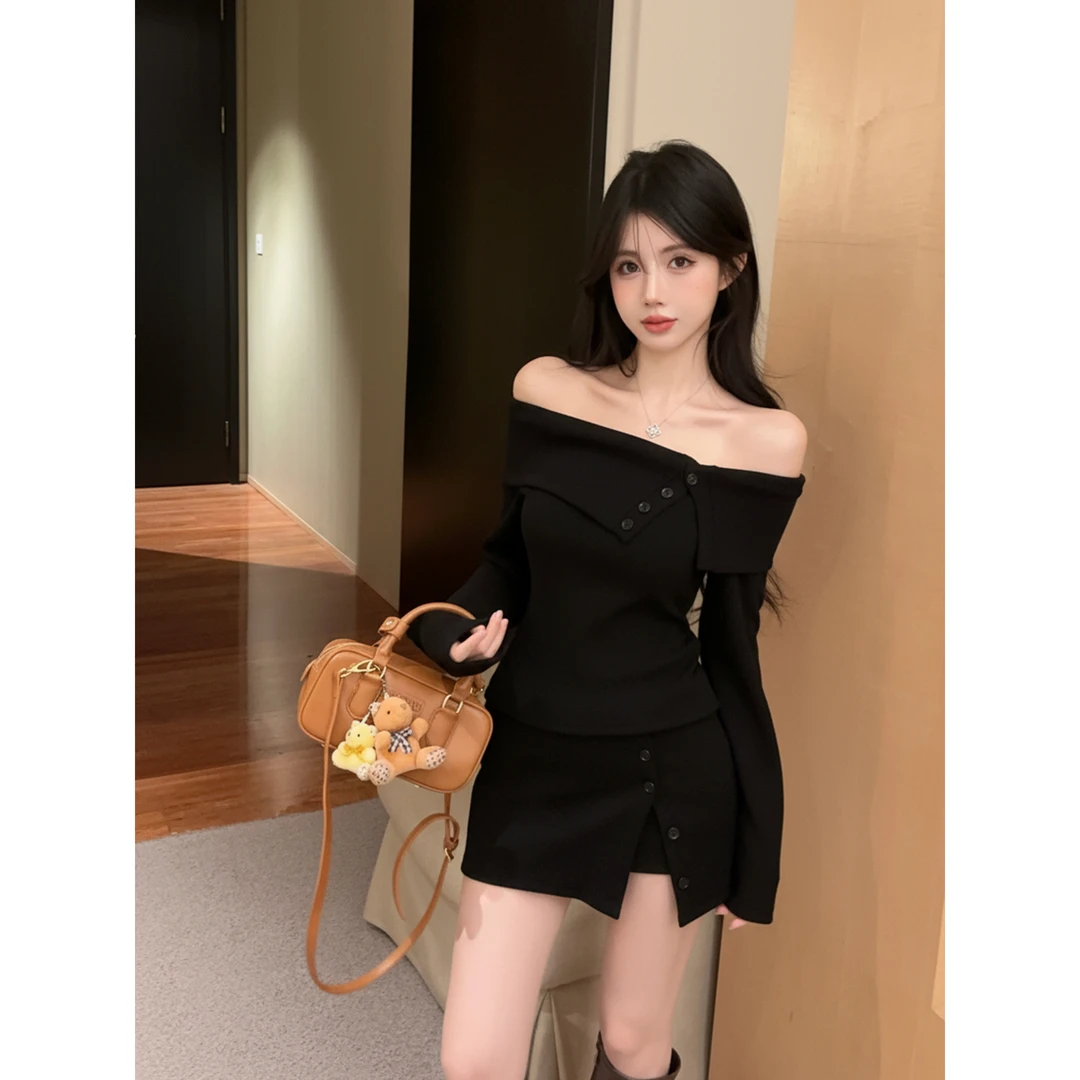 小香风毛衣一字领不规则T恤上衣开叉裙裤千金套装时尚女两件套装