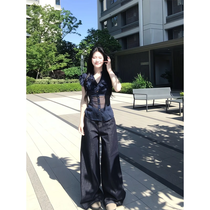 V领无袖衬衫设计感木耳边别致修身上衣复古深蓝阔腿牛仔裤拖地裤