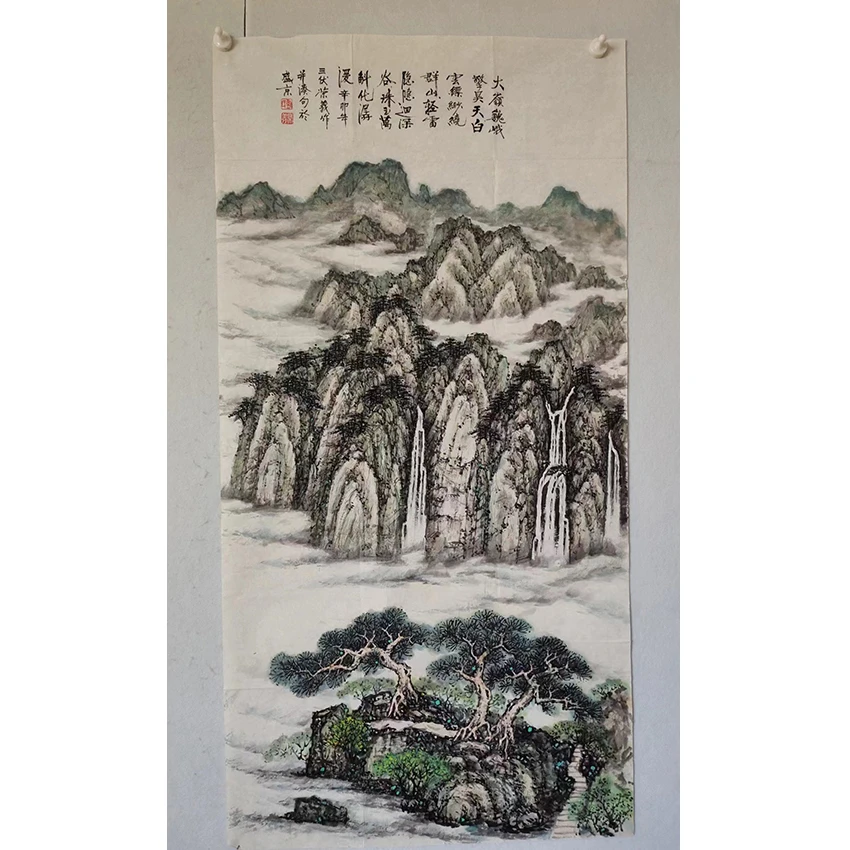 2704  纯手绘老字画《诗意山水》中堂  尺寸 137×68